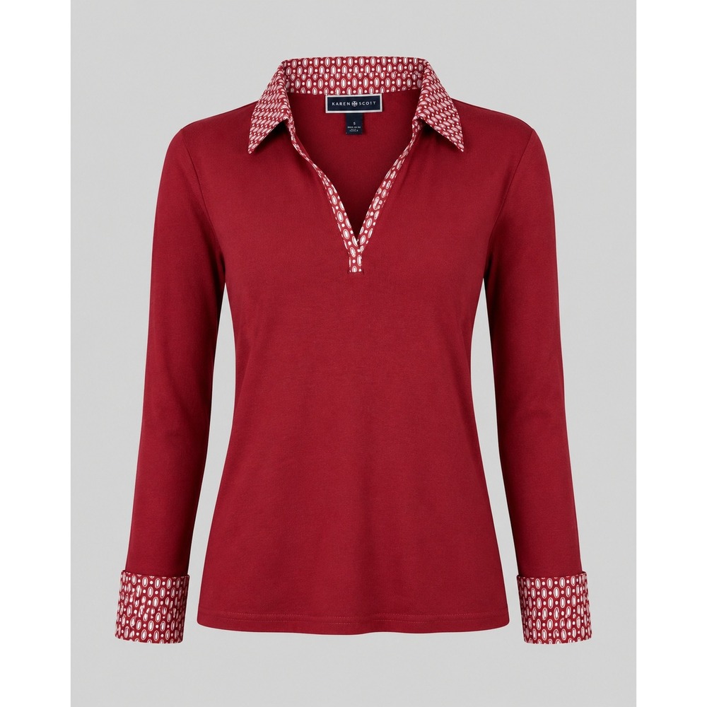 Vintage Karen Scott Red Collared Knit Top Womens Small Long Sleeve Preppy Y2K